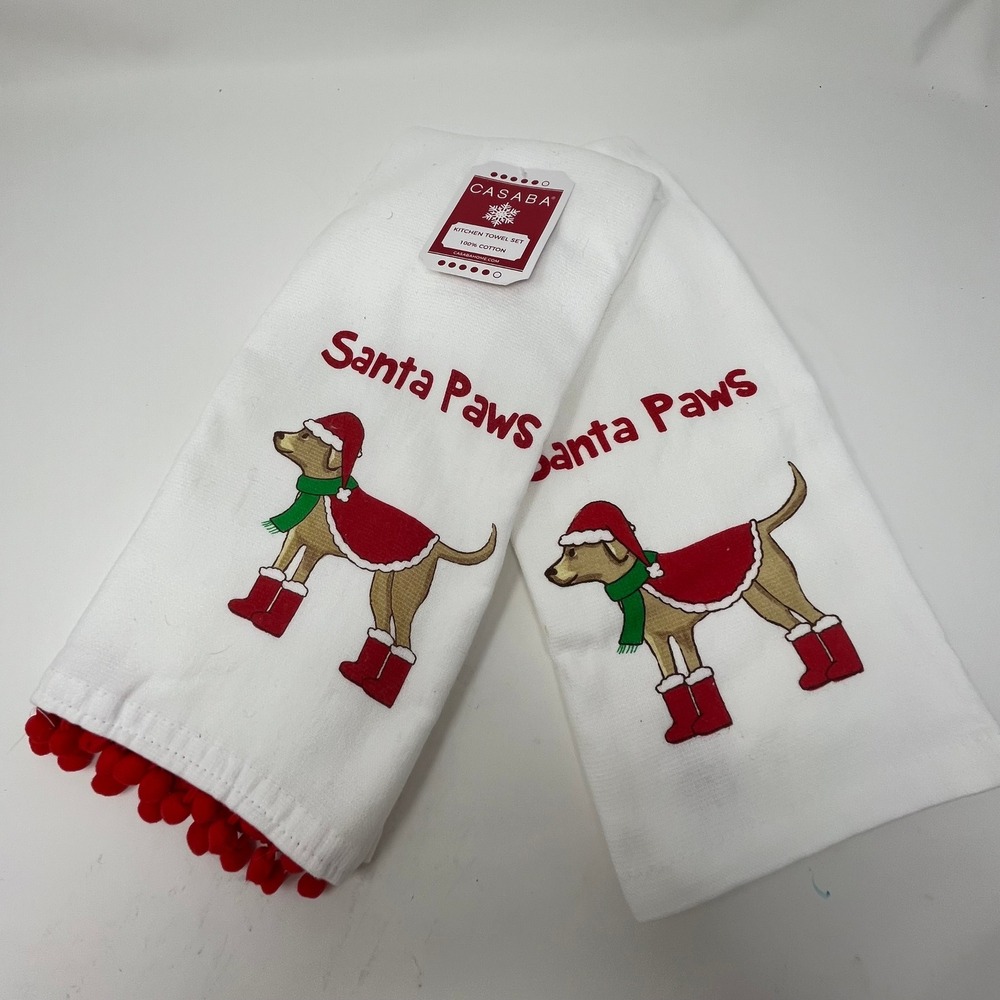 Casaba Santa Paws Christmas Kitchen Towels Set of 2 Holiday Dog Pom Pom